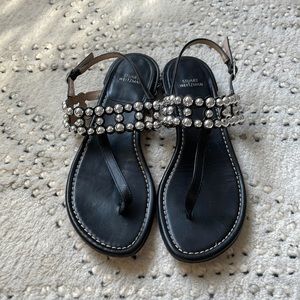 Stuart Weitzman Black Leather Silver Studded Thong Sandal-size 6